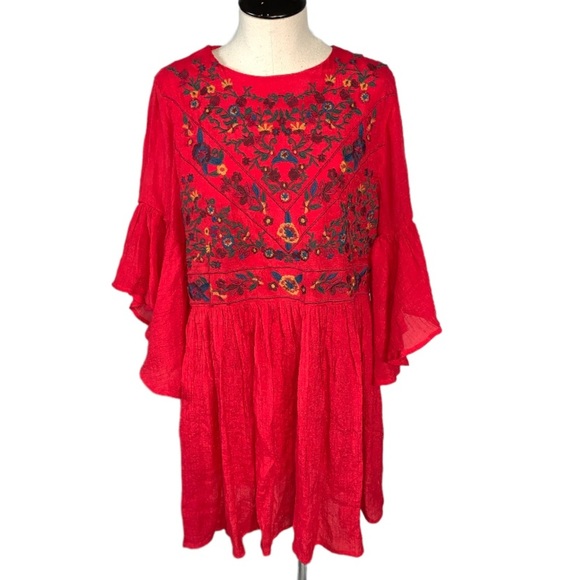 Altar'd State Dresses & Skirts - Altr’d State xs dress tunic red embroidered boho floral flutter sleeves babydoll